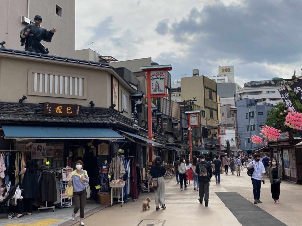 浅草の街並みを愛犬と